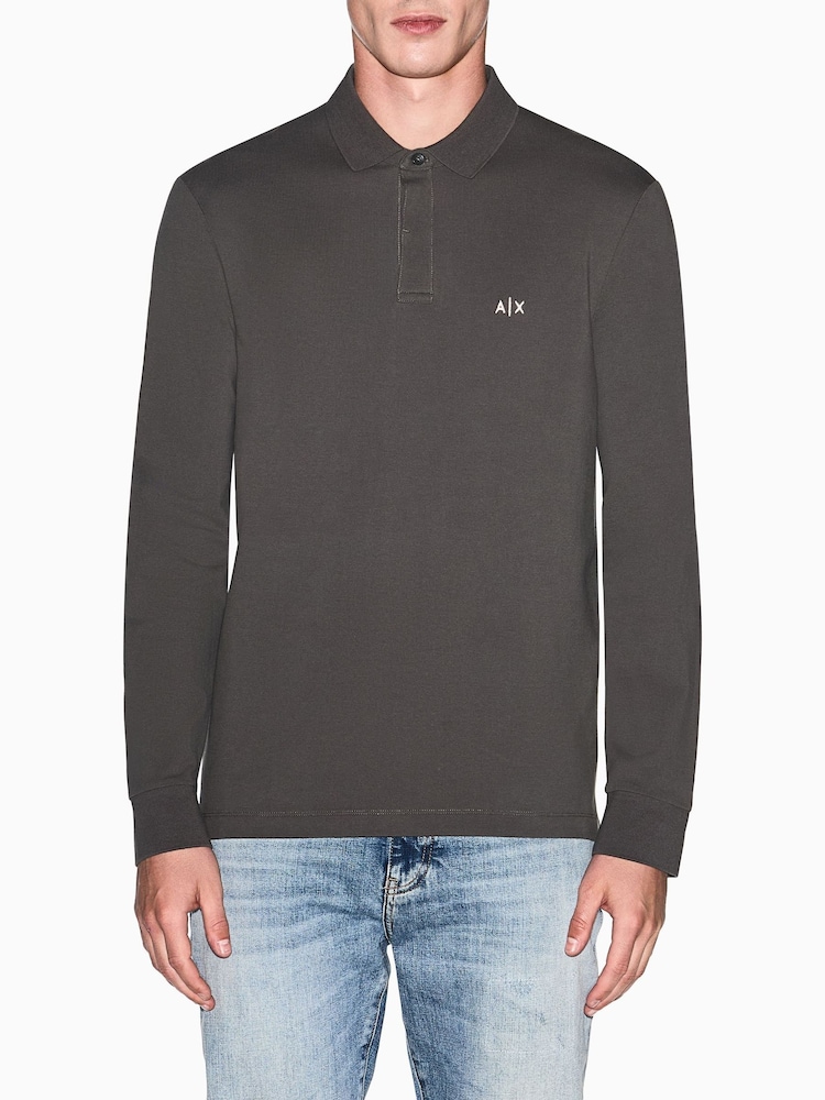 Armani Exchange Green Slim Fit Long Sleeve Pique Polo Shirt - Image 1 of 5