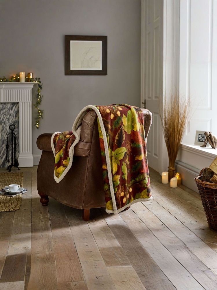 Deyongs Winter Leaves Printed Flannel Fleece with Sherpa Reverse - Image 1 of 3 Deyongs Winter Leaves Printed Flannel Fleece with Sherpa Reverse - Image 1 of 3