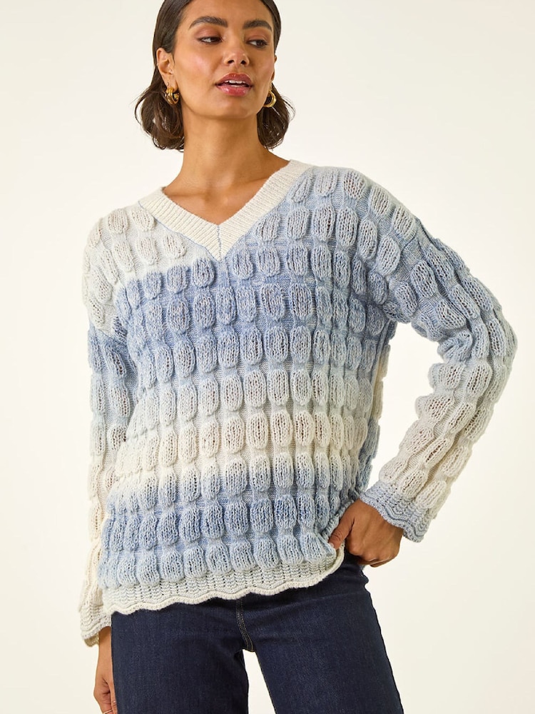 أزرق - Roman Ombre Textured V-Neck Knit Jumper - صورة 2 من 5 أزرق - Roman Ombre Textured V-Neck Knit Jumper - صورة 2 من 5