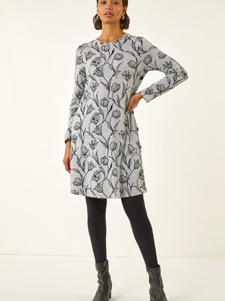 Roman Grey Floral Print Side Button Stretch Dress - Image 2 of 5 Roman Grey Floral Print Side Button Stretch Dress - Image 2 of 5