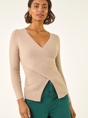 Roman Wrap Front Ribbed Knit Jumper - صورة 4 من 5