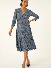 Roman Blue Speckled Twist Front Midi Dress - Image 1 of 5