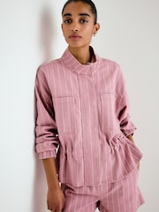 Pink Striped - Denim Funnel Neck Zip Through Drawstring Jacket - 9суретінің 3 суреті