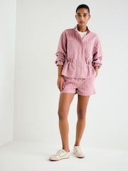 Pink Striped - Denim Funnel Neck Zip Through Drawstring Jacket - 9суретінің 4 суреті