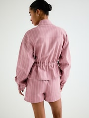 Pink Striped - Denim Funnel Neck Zip Through Drawstring Jacket - 9суретінің 5 суреті