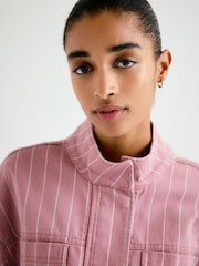 Pink Striped - Denim Funnel Neck Zip Through Drawstring Jacket - 9суретінің 6 суреті