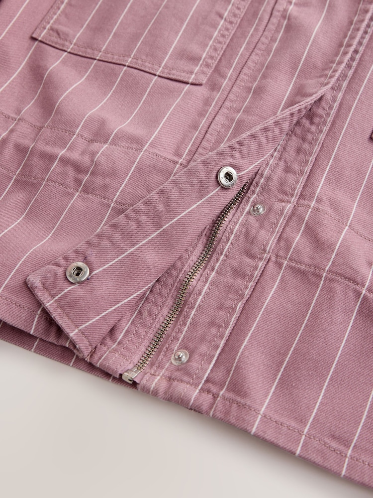 Pink Striped - Denim Funnel Neck Zip Through Drawstring Jacket - 9суретінің 9 суреті