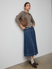Denim albastru nuanţă închisă - Horsebit Detail Seamed Midi Skirt - Imaginea 1 din 9