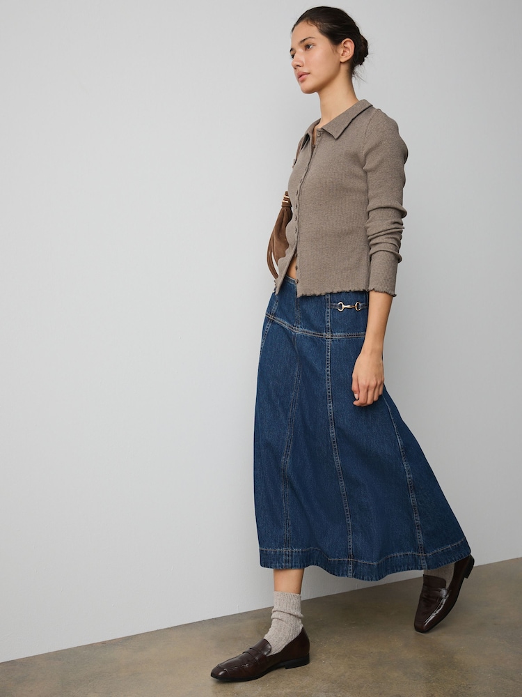 Denim albastru nuanţă închisă - Horsebit Detail Seamed Midi Skirt - Imaginea 2 din 9