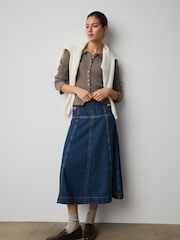 Denim albastru nuanţă închisă - Horsebit Detail Seamed Midi Skirt - Imaginea 4 din 9