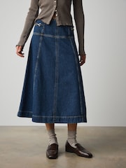 Denim albastru nuanţă închisă - Horsebit Detail Seamed Midi Skirt - Imaginea 5 din 9