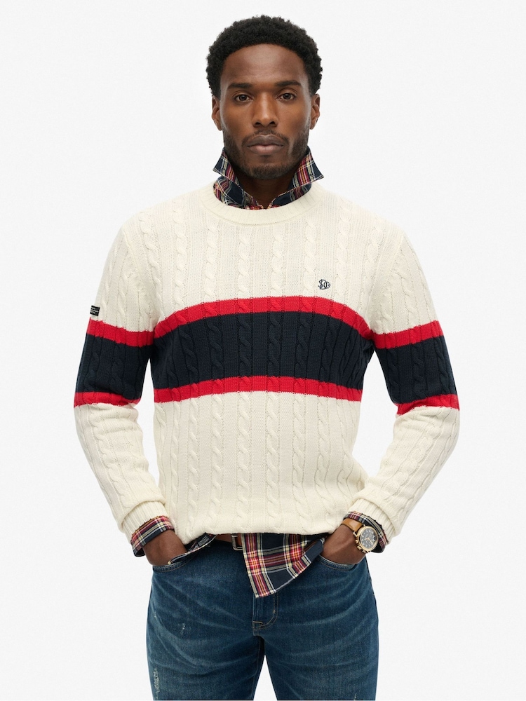 Superdry Cream Cotton Stripe Cable Jumper - Image 1 of 6 Superdry Cream Cotton Stripe Cable Jumper - Image 1 of 6