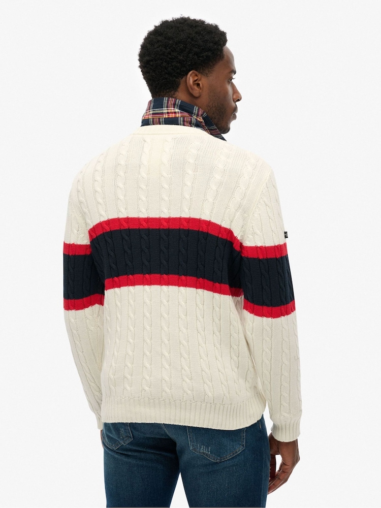 Superdry Cream Cotton Stripe Cable Jumper - Image 2 of 6 Superdry Cream Cotton Stripe Cable Jumper - Image 2 of 6