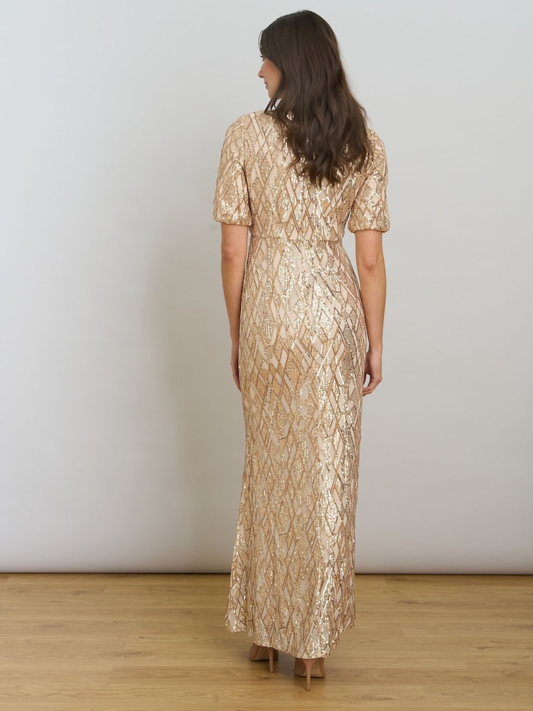Gina Bacconi Gold Pat Sequin Maxi Dress - Image 2 of 5 Gina Bacconi Gold Pat Sequin Maxi Dress - Image 2 of 5