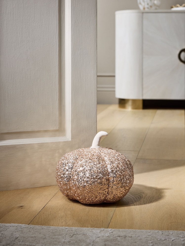Champagne Gold Autumn Sequin Pumpkin Doorstop - Image 1 of 4 Champagne Gold Autumn Sequin Pumpkin Doorstop - Image 1 of 4