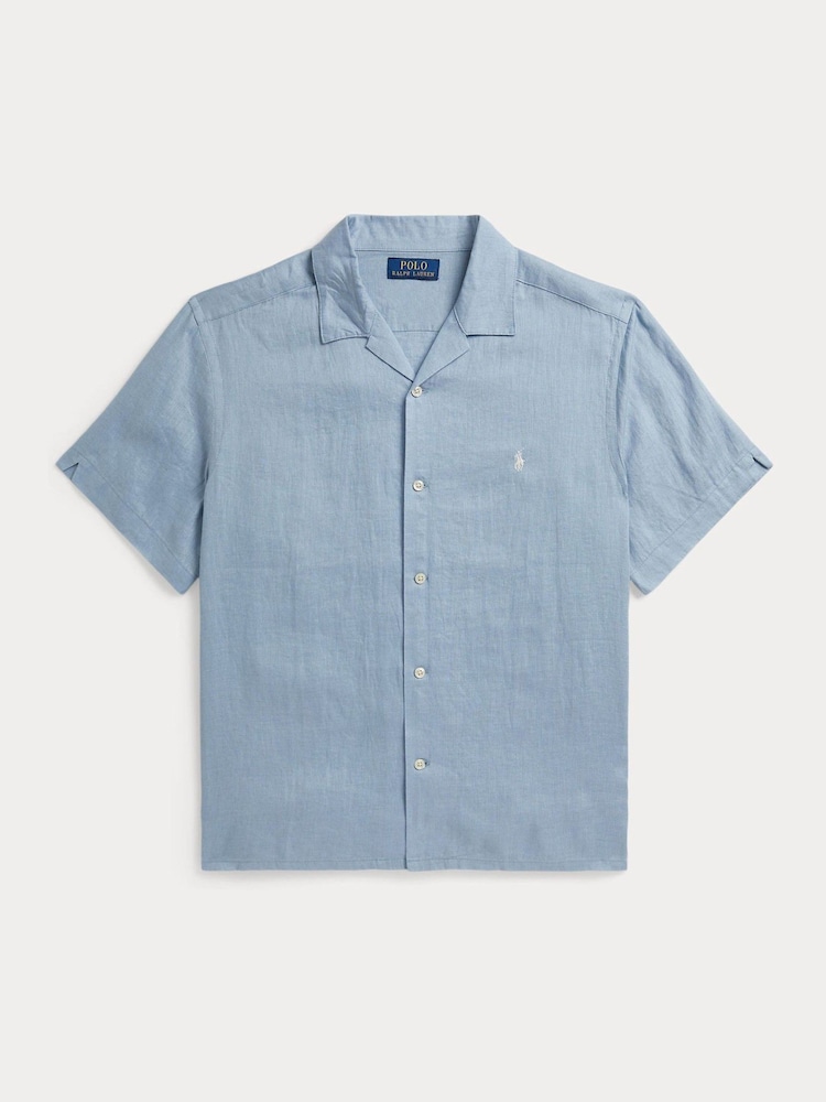 Polo Ralph Lauren Blue Short Sleeve Cuban Collar Linen Shirt - Image 1 of 2 Polo Ralph Lauren Blue Short Sleeve Cuban Collar Linen Shirt - Image 1 of 2