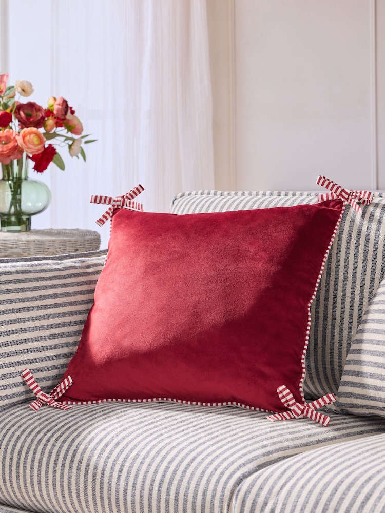 Red 50 x 50cm Bow Reversible Velvet Cushions - Image 1 of 5