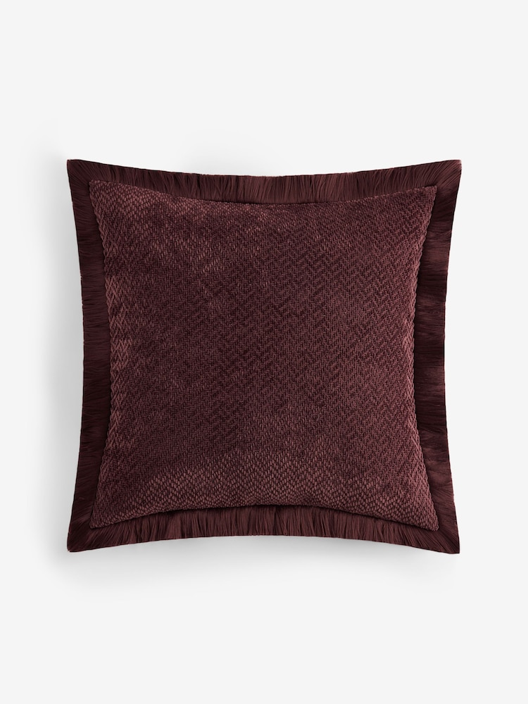 Plum Purple Weave Chenille 50 x 50cm Fringe Cushion - Image 1 of 2 Plum Purple Weave Chenille 50 x 50cm Fringe Cushion - Image 1 of 2