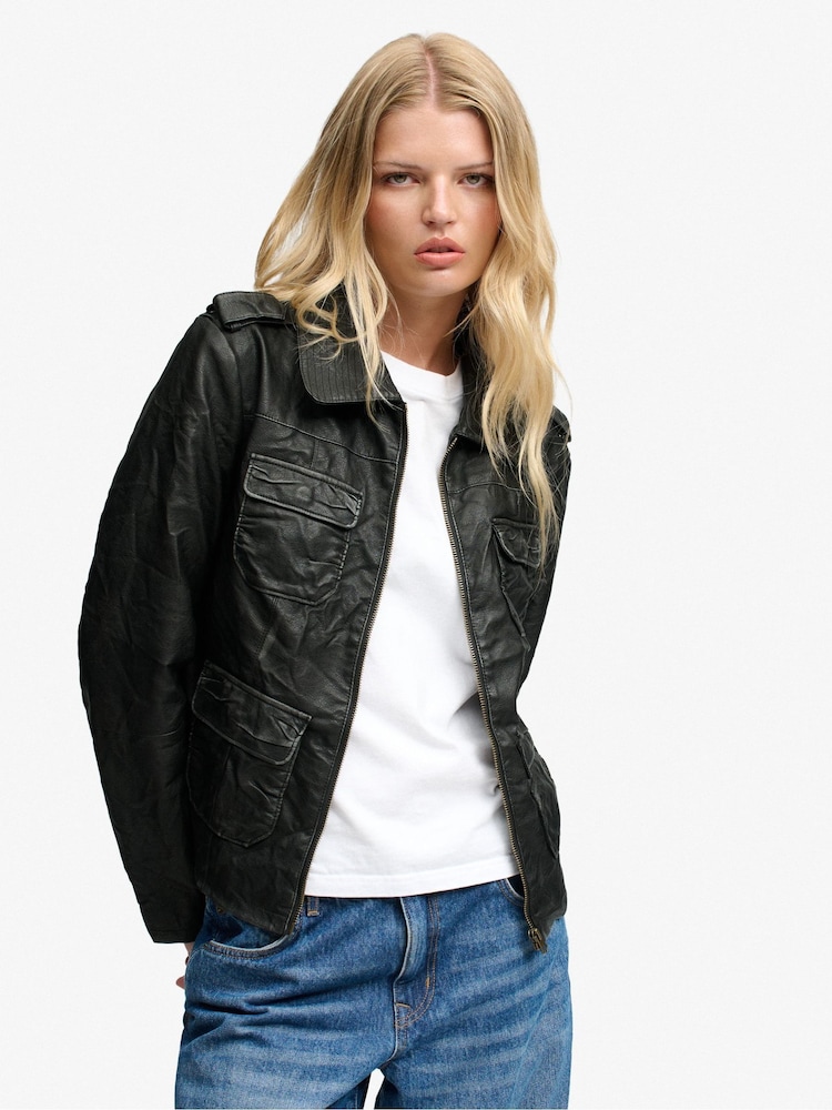 Superdry Black Leather Jacket - Image 1 of 8 Superdry Black Leather Jacket - Image 1 of 8