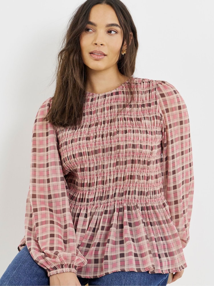 Simply Be Pink Puff Sleeve Shirred Top - Image 1 of 4 Simply Be Pink Puff Sleeve Shirred Top - Image 1 of 4