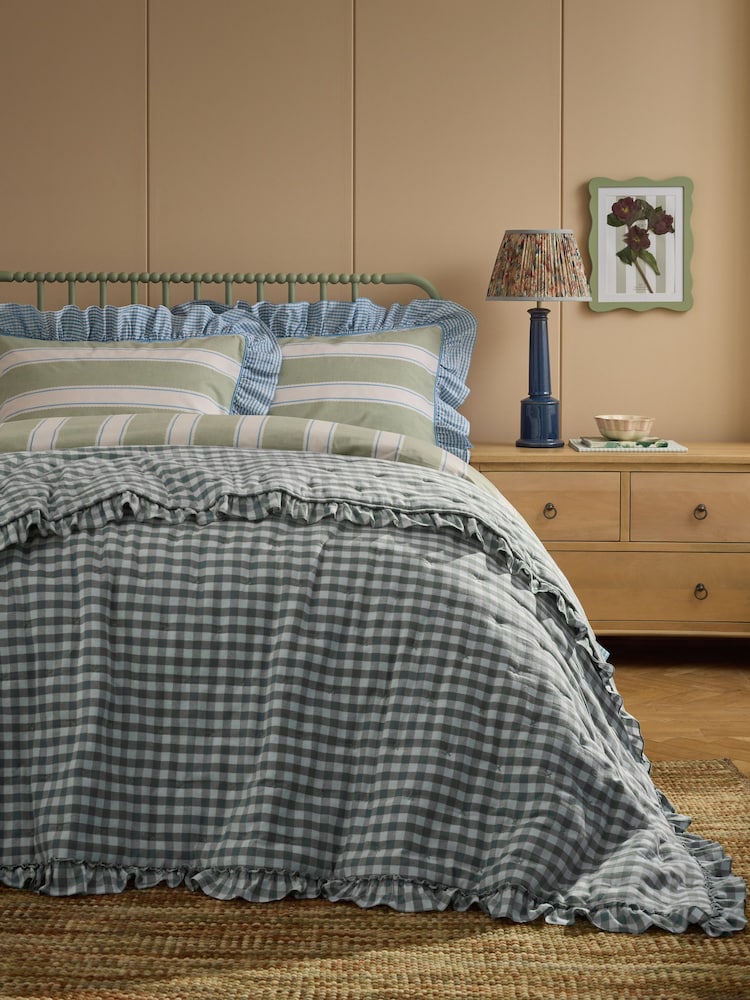 Blue Gingham Brushed ruffle Bedspread - Image 1 of 6 Blue Gingham Brushed ruffle Bedspread - Image 1 of 6