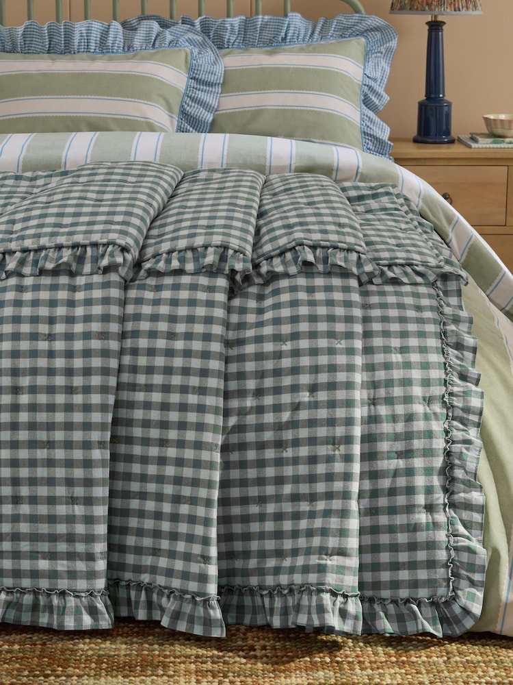Blue Gingham Brushed ruffle Bedspread - Image 2 of 6 Blue Gingham Brushed ruffle Bedspread - Image 2 of 6