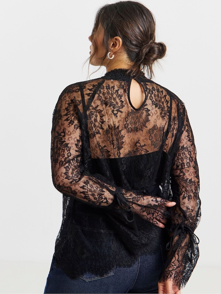 Simply Be Black Eyelash Lace Top With Sleeve Detail - Image 2 of 4 Simply Be Black Eyelash Lace Top With Sleeve Detail - Image 2 of 4