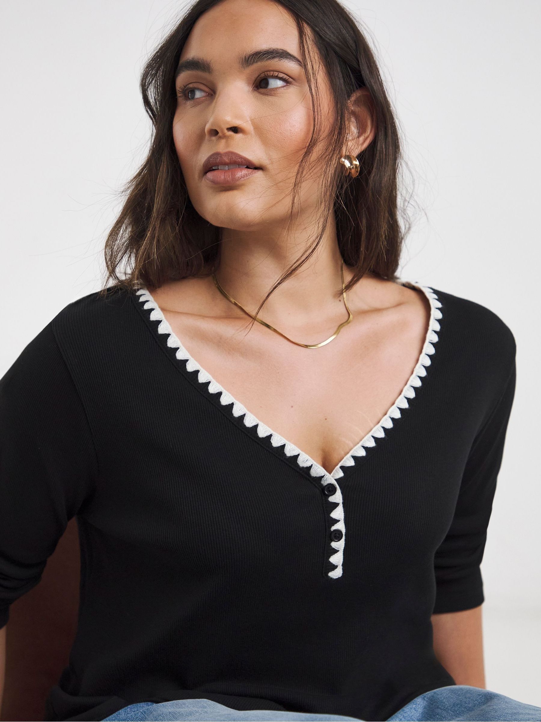 Buy Simply Be Black Ribbed Henley Top With Whipstitch Detail from