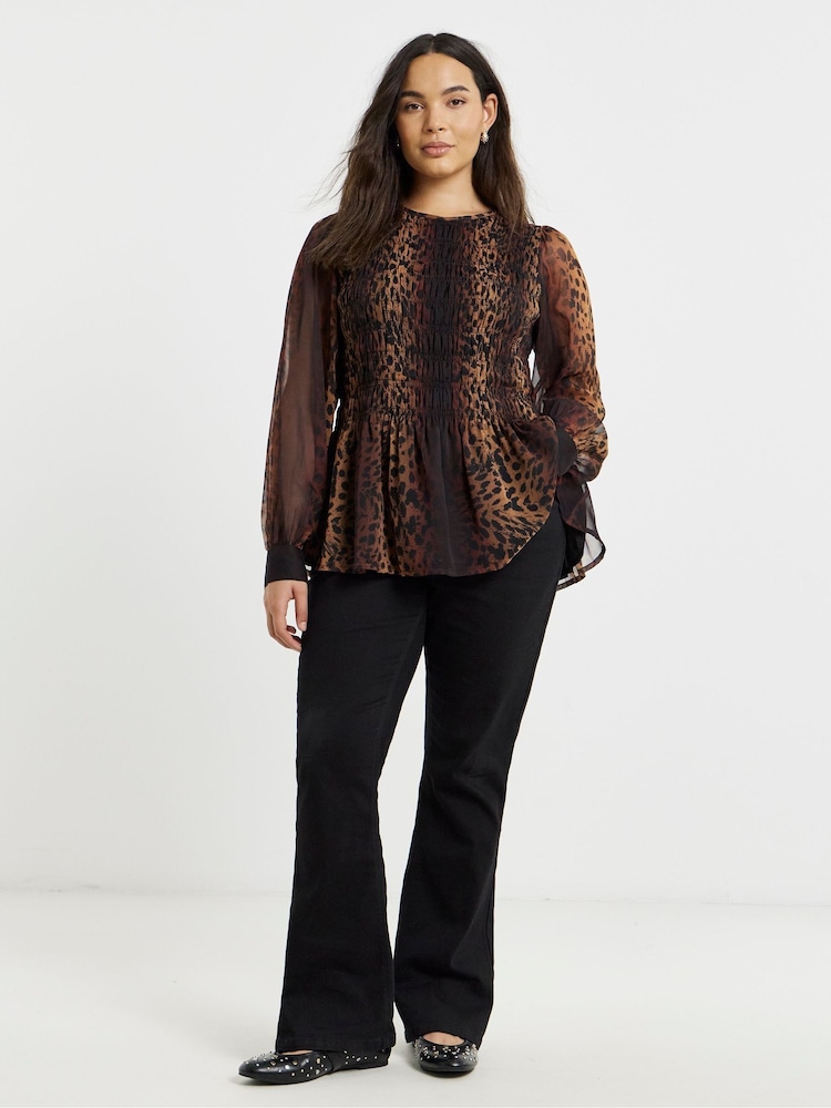 Simply Be Animal Puff Sleeve Shirred Top - Image 1 of 4 Simply Be Animal Puff Sleeve Shirred Top - Image 1 of 4