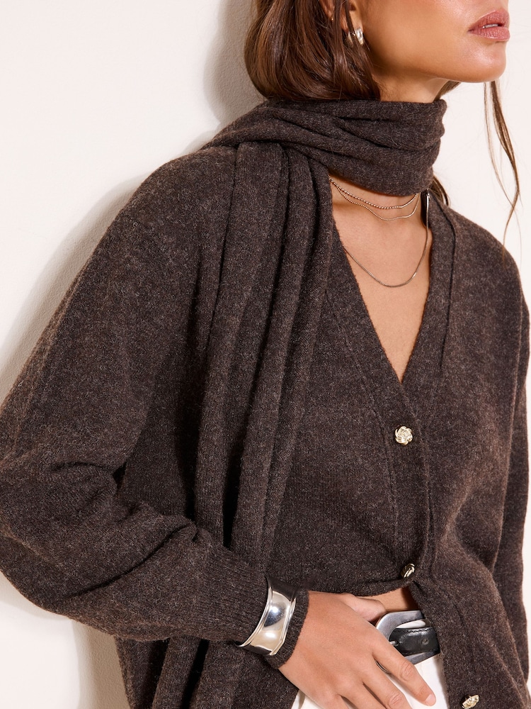 Lipsy Brown Scarf Layer Knit Cardigan Containing Wool - Image 1 of 4