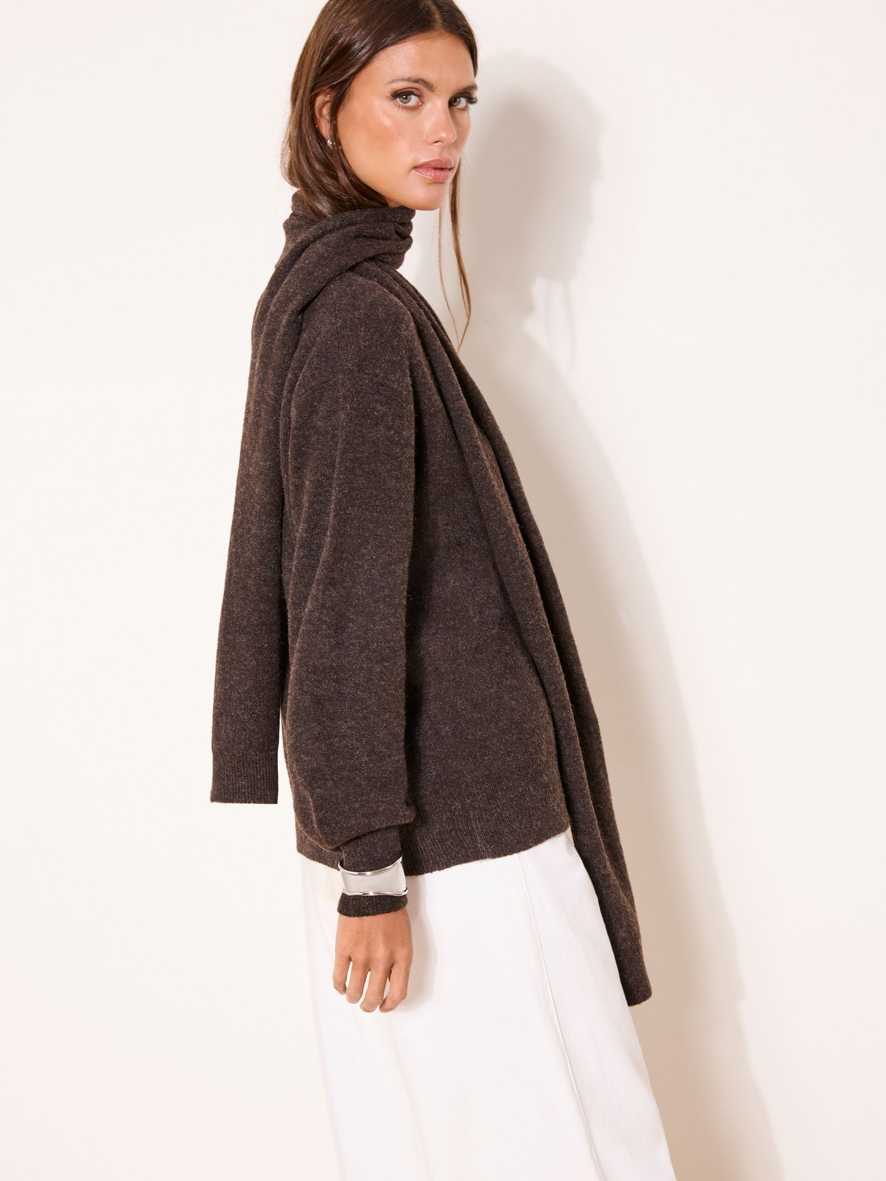 Buy Lipsy Brown Scarf Layer Knit Cardigan Containing Wool from