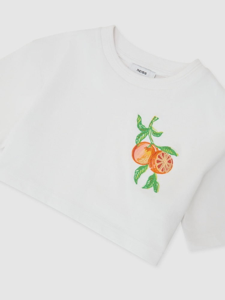 Reiss White Bertie Cotton Embroidered Cropped T-Shirt - Image 1 of 3 Reiss White Bertie Cotton Embroidered Cropped T-Shirt - Image 1 of 3