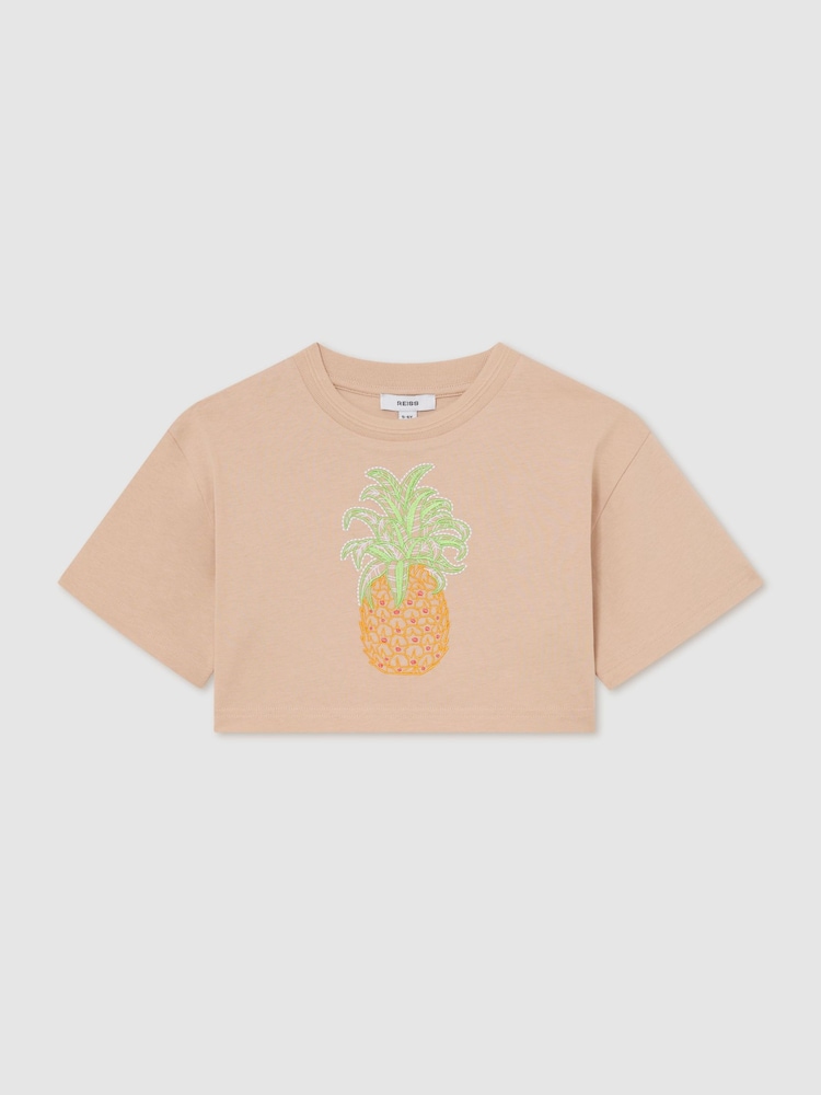 Reiss Neutral Bertie Cotton Embroidered Cropped T-Shirt - Image 2 of 3