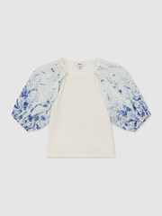 Reiss Blue Print Xanthe Cotton Floral Balloon-Sleeve Top - Image 3 of 3