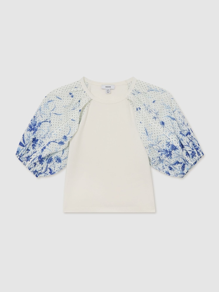Reiss Blue Print Xanthe Cotton Floral Balloon-Sleeve Top - Image 3 of 3