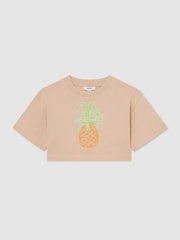 Reiss Neutral Bertie Cotton Embroidered Cropped T-Shirt - Image 1 of 3