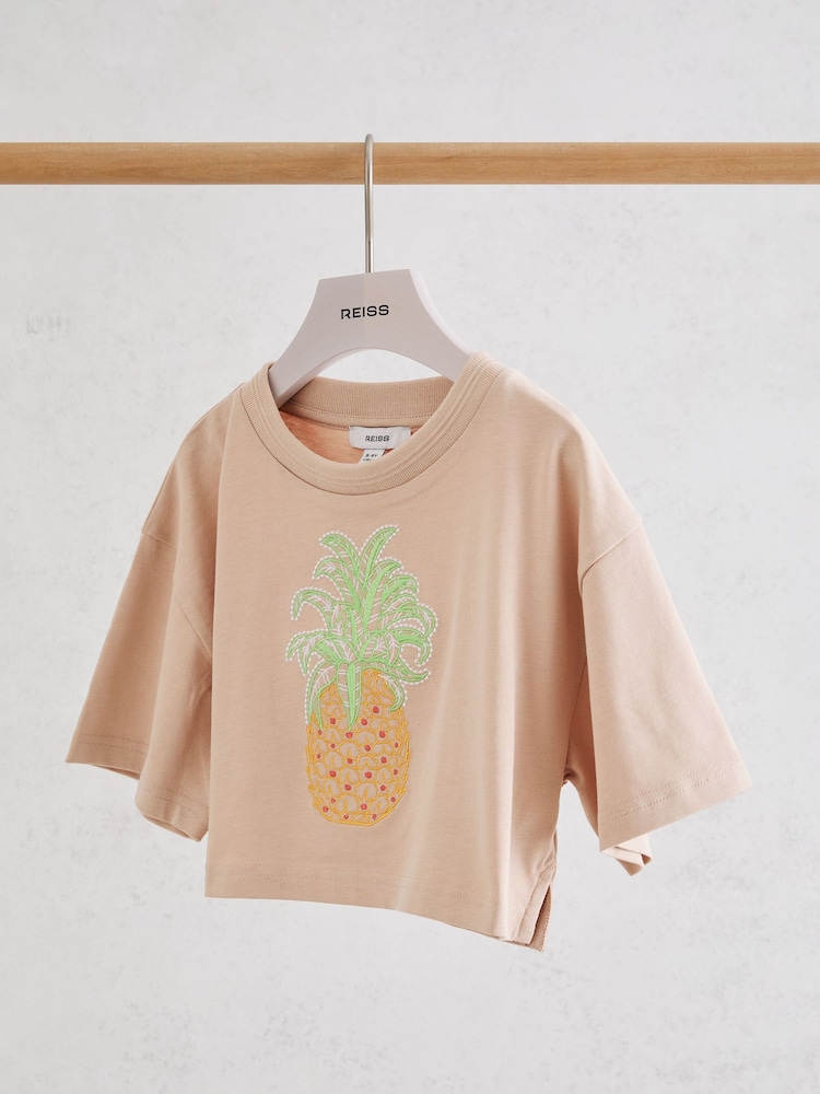 Reiss Neutral Bertie Cotton Embroidered Cropped T-Shirt - Image 2 of 3