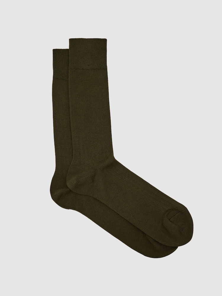 Reiss Khaki Green Fela Cotton-Blend Ribbed Socks - Image 1 of 3 Reiss Khaki Green Fela Cotton-Blend Ribbed Socks - Image 1 of 3