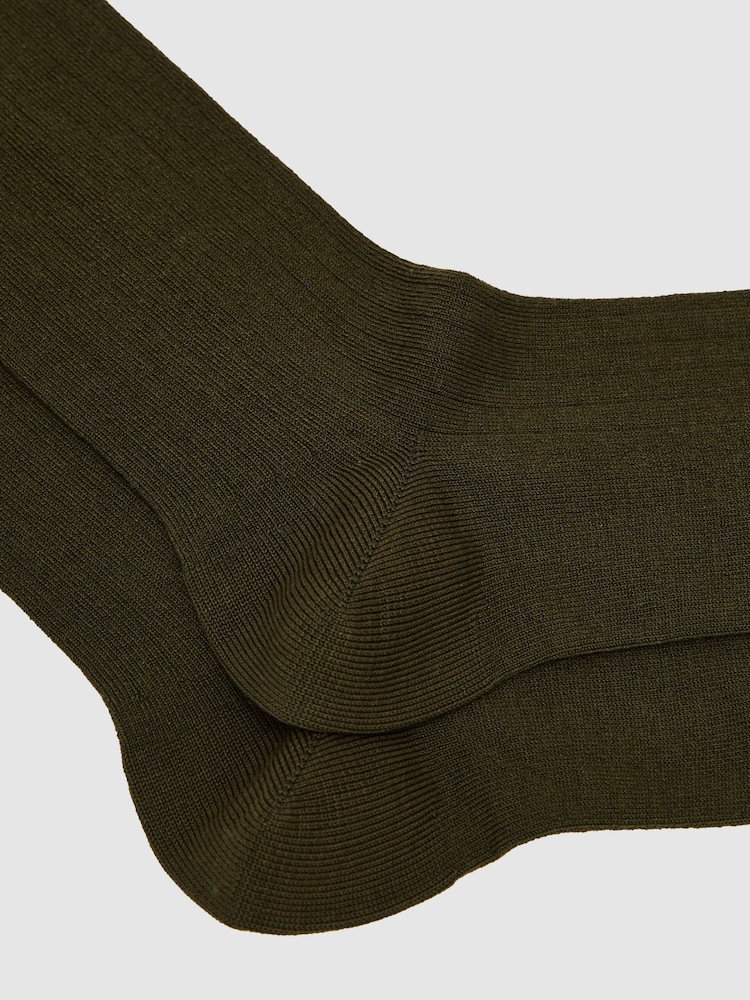 Reiss Khaki Green Fela Cotton-Blend Ribbed Socks - Image 2 of 3 Reiss Khaki Green Fela Cotton-Blend Ribbed Socks - Image 2 of 3