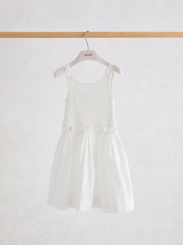 Reiss White Rita 3-9 yrs Rib-Knit Mix Cut-Out Flared Dress - Image 2 of 3