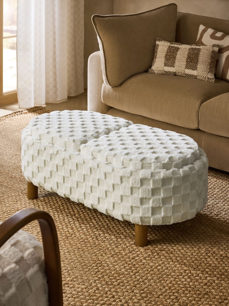Fur Checkerboard Oyster Natural Ashton Upholstered Large Storage Stool - Image 1 of 10