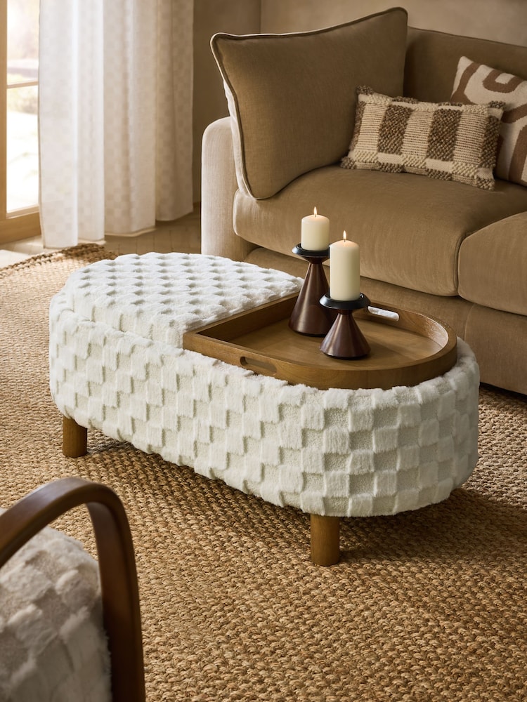Fur Checkerboard Oyster Natural Ashton Upholstered Large Storage Stool - Image 2 of 10