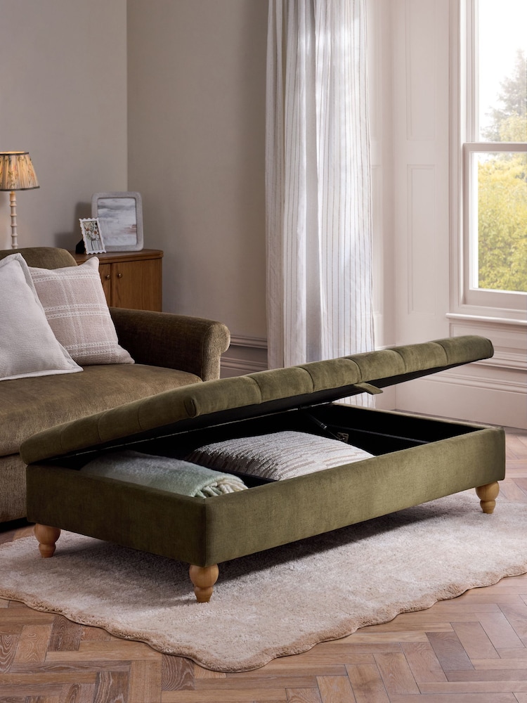 Buttoned Fine Chenille Moss Green Albury XL Storage Footstool - Image 2 of 10