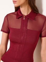 Roșu vișiniu - Cămașă Lipsy cu fermoar frontal, plasă și mâneci scurte - Imaginea 2 din 4