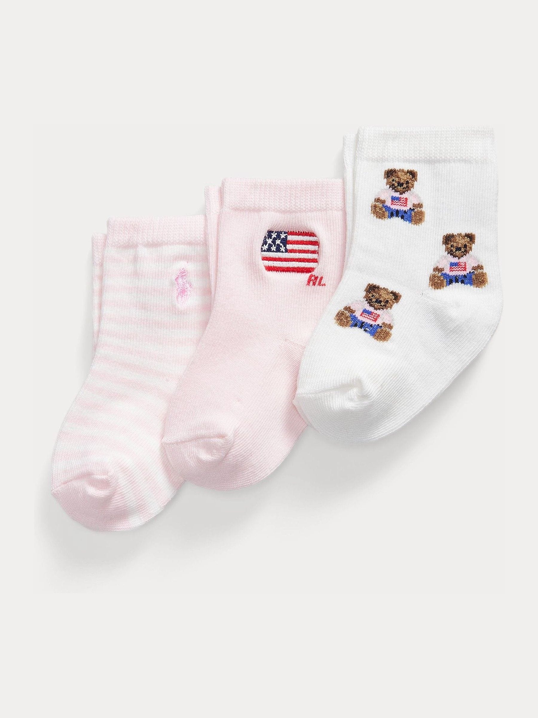 Polo Ralph Lauren Pink Polo Bear Flag Stripe Socks 3 Pack
