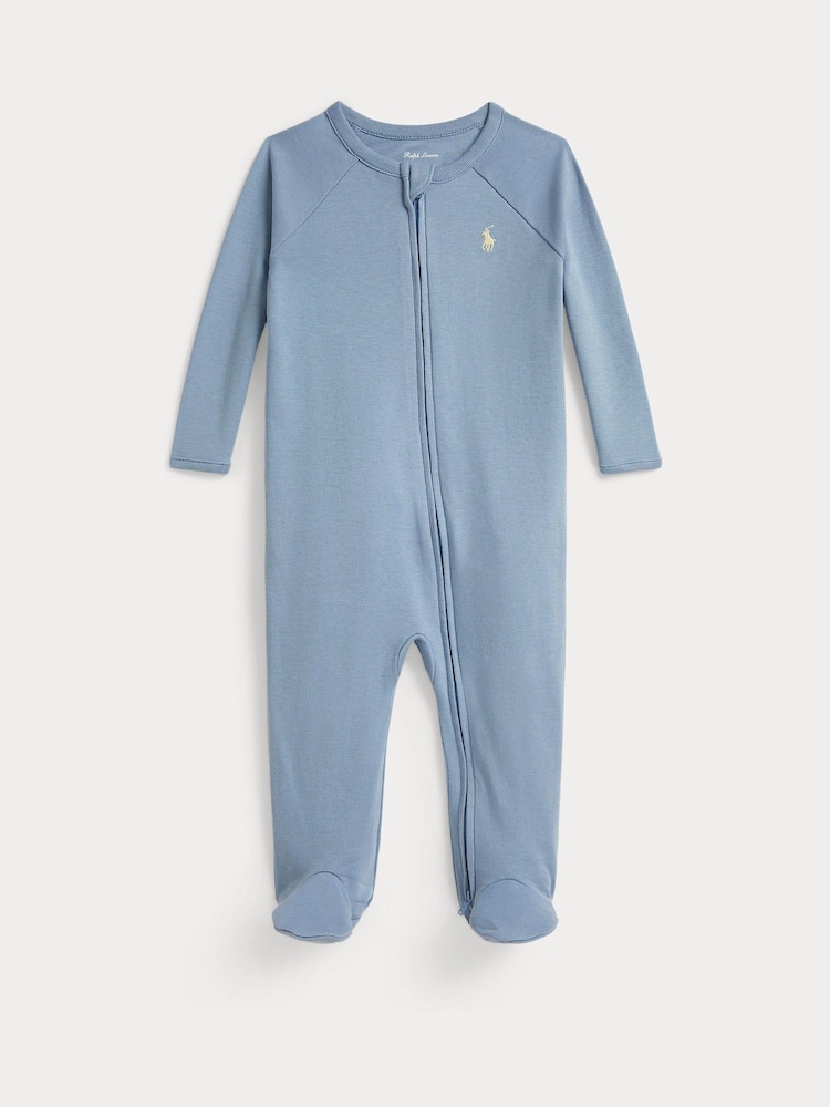 Polo Ralph Lauren Blue Cotton Interlock Footed Coverall Babygrow - Image 1 of 3 Polo Ralph Lauren Blue Cotton Interlock Footed Coverall Babygrow - Image 1 of 3
