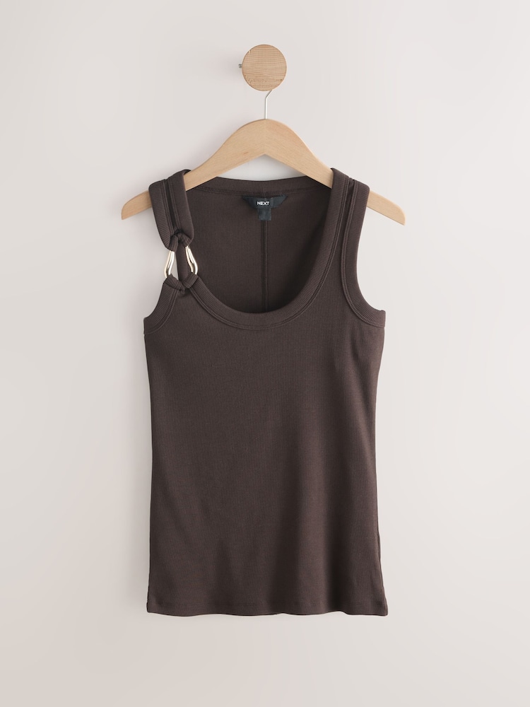 Chocolate Brown Trim Hardware Detail Racer Ribbed Vest Top - Image 1 of 3