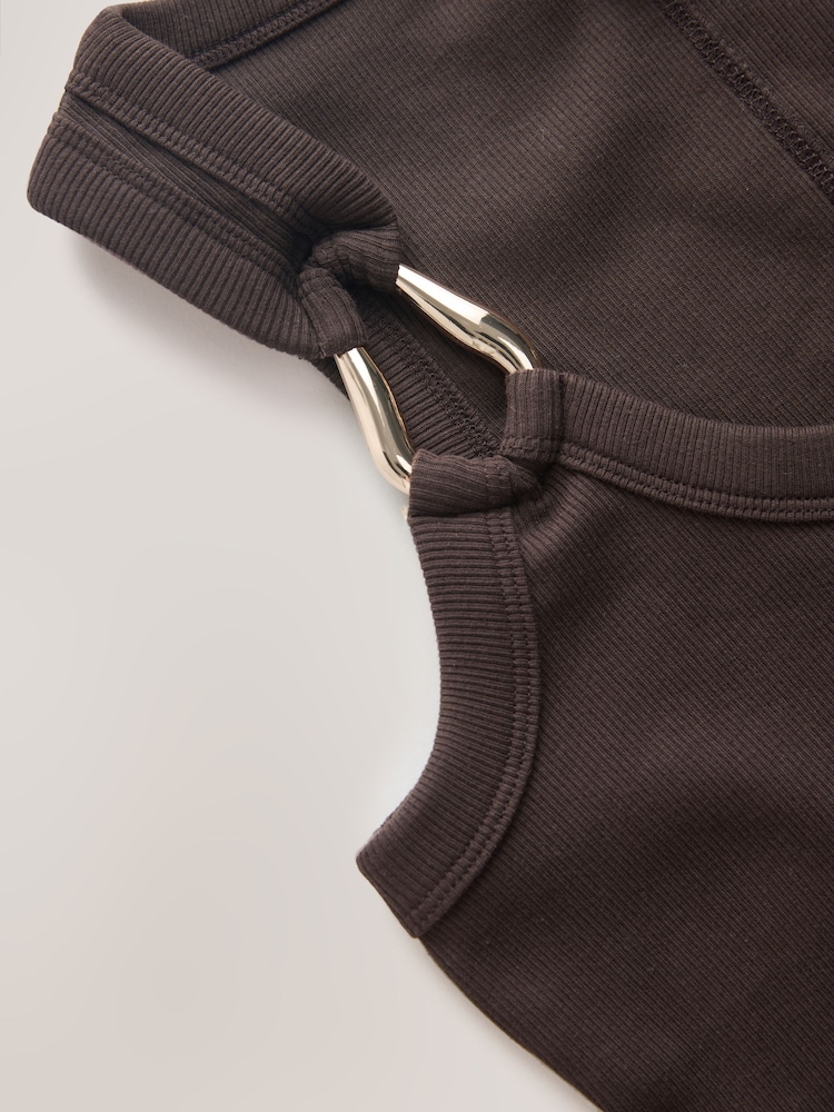 Chocolate Brown Trim Hardware Detail Racer Ribbed Vest Top - Image 3 of 3