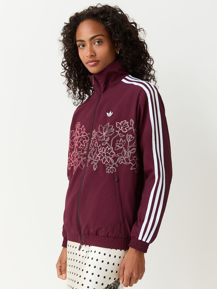 adidas Originals Maroon Red Floral Applique Firebird Loose Track Top Jacket - Image 1 of 5 adidas Originals Maroon Red Floral Applique Firebird Loose Track Top Jacket - Image 1 of 5