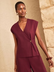 Love & Roses Burgundy Red Tailored Linen Look Short Sleeve Top With Wrap Detail - Image 1 of 4